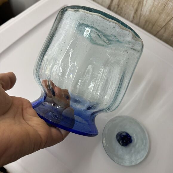 Hand Blown Glass Canister Mexico with lid Blue Rim Biscuit Cookie Jar 6”x4” Farm - Picture 9 of 16